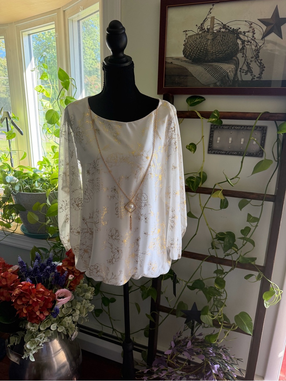 Sara Michelle White Blouse with Gold Floral Accents